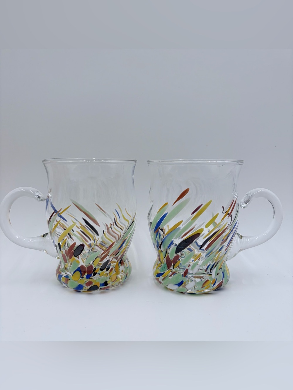 Set of 2 Hand Blown "White Crystal" Clear Glass Confetti Coffee Mug Tea Cup